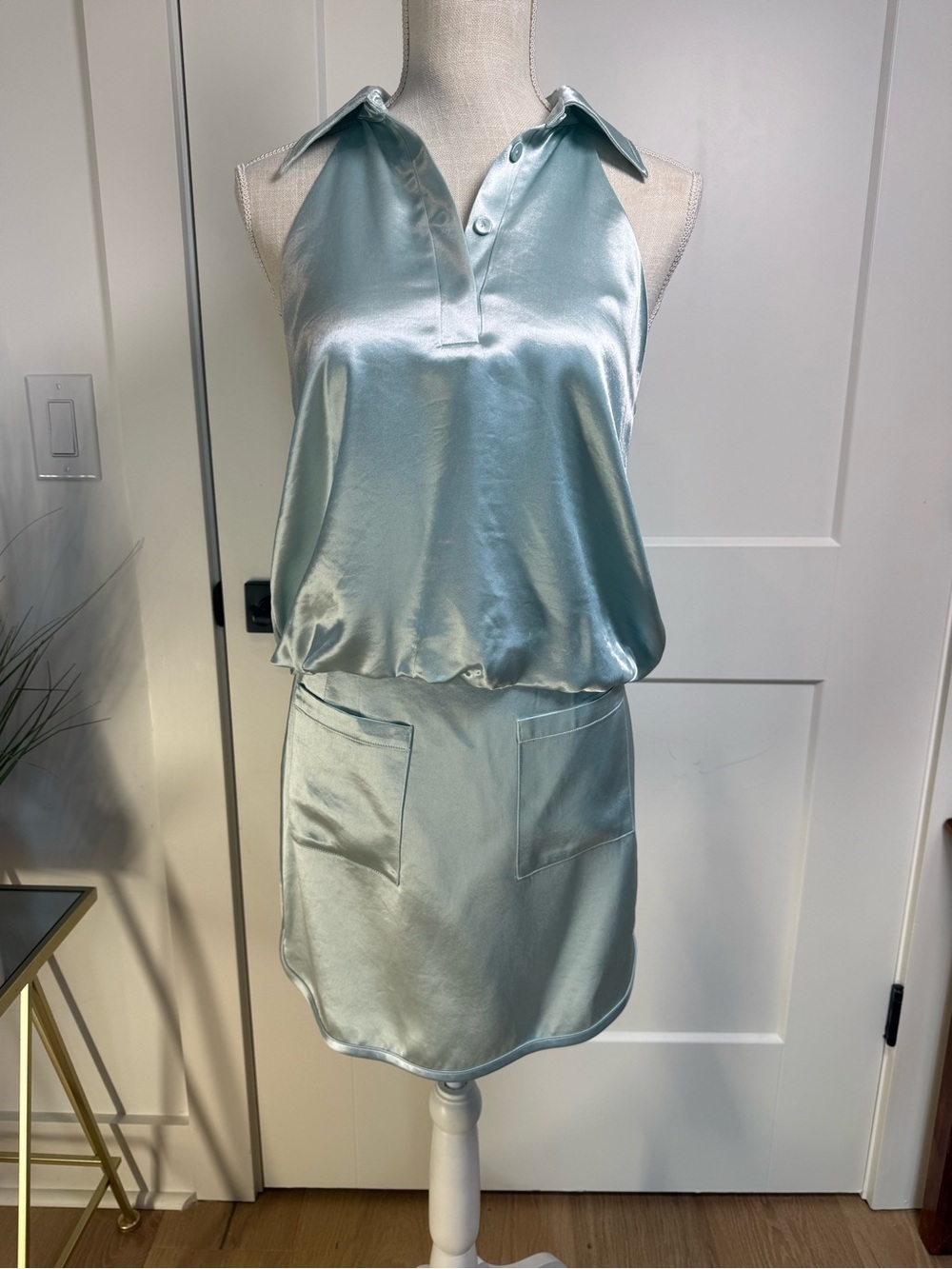 CIEBON Satin Halter Mini Dress Ice Blue Collared Sleeveless XS